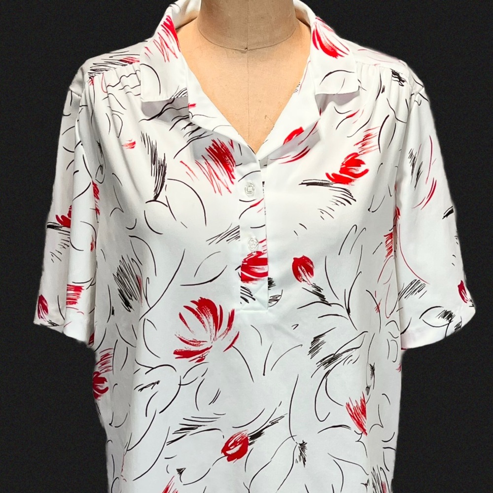 VINTAGE 70s women’s top short sleeve button‎ front collar red floral lightweight